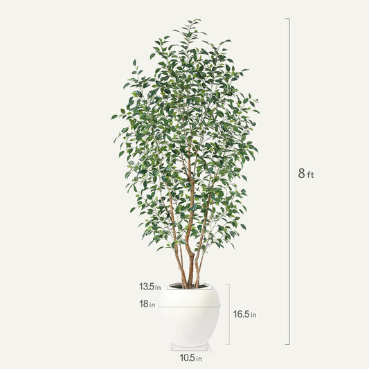 8FT Artificial Ficus Tree, Indoor Faux Ficus Plant with Realistic Leaves & Natural Wood Trunk, 8ft Tall, Green, All Seasons, Perfect for Living Room Home Decor