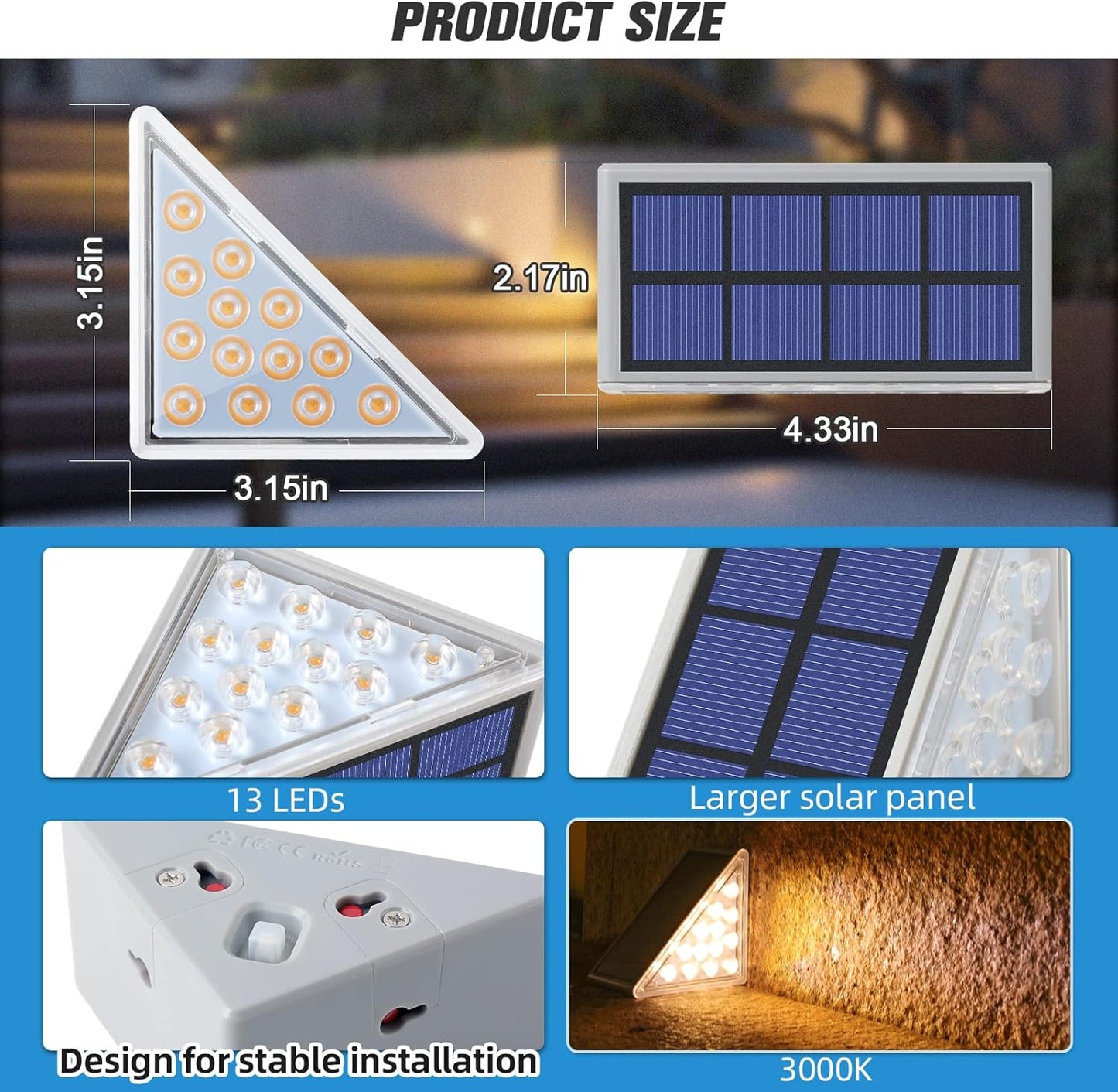 6 Pack Solar Step Lights for Outside, Waterproof IP67 Solar Stair Lights Outdoor - Auto On/Off, Warm White, Steps, Stairs, Deck, Patio, Yard, Porch, Front Door