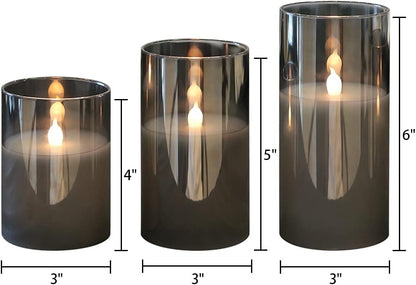 GenSwin Gray Glass Battery Operated Flameless Led Candles with 10-Key Remote and Timer, Real Wax Candles Warm White Flickering Light for Home Decoration