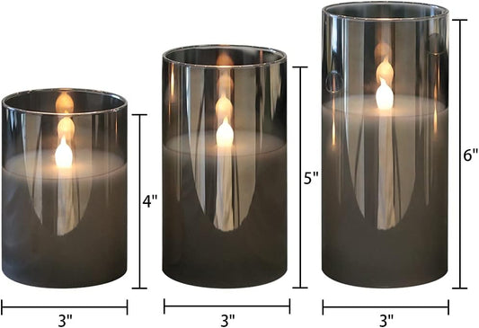 GenSwin Gray Glass Battery Operated Flameless Led Candles with 10-Key Remote and Timer, Real Wax Candles Warm White Flickering Light for Home Decoration