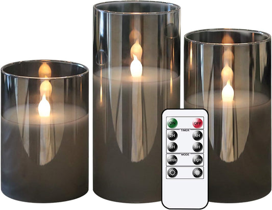 GenSwin Gray Glass Battery Operated Flameless Led Candles with 10-Key Remote and Timer, Real Wax Candles Warm White Flickering Light for Home Decoration