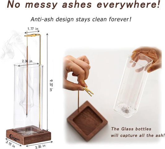Incense Holder, Wooden Incense Holder for Sticks with Glass Ash Catcher, Anti-ash Incense Burner with 20 Incense Sticks and a Ash Brush for Meditation Yoga Spa Room Decor