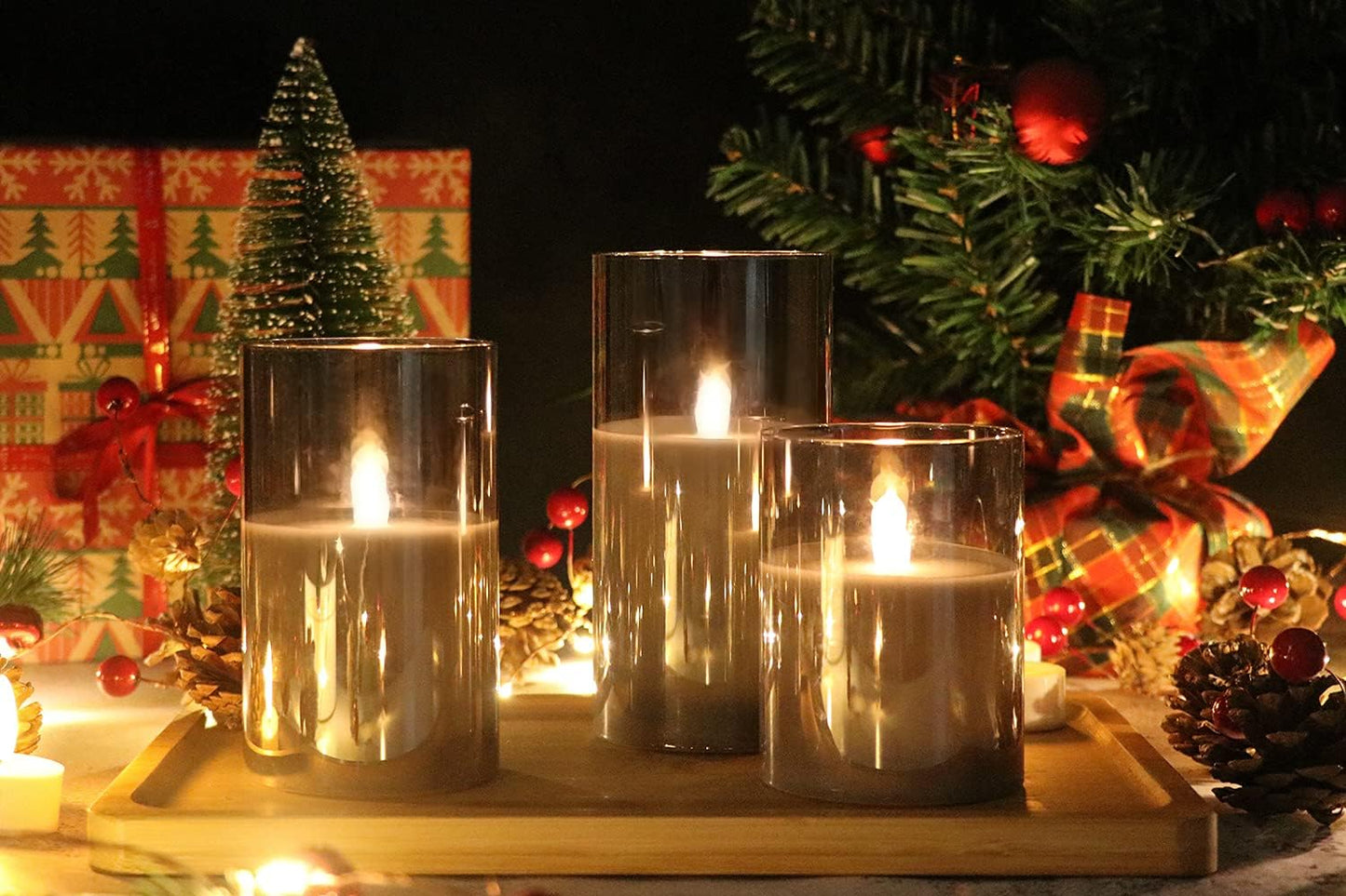GenSwin Gray Glass Battery Operated Flameless Led Candles with 10-Key Remote and Timer, Real Wax Candles Warm White Flickering Light for Home Decoration