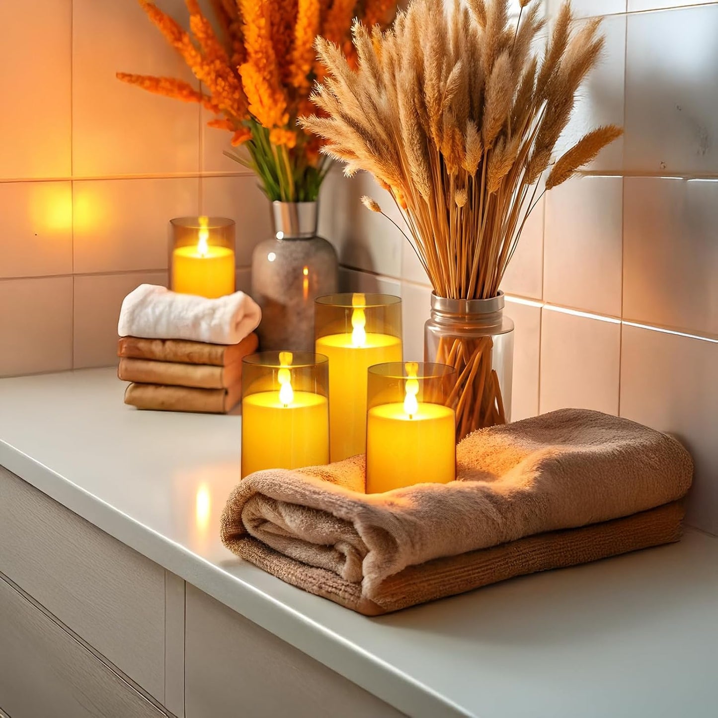 Fo32won Amber LED Flameless Pillar Candles