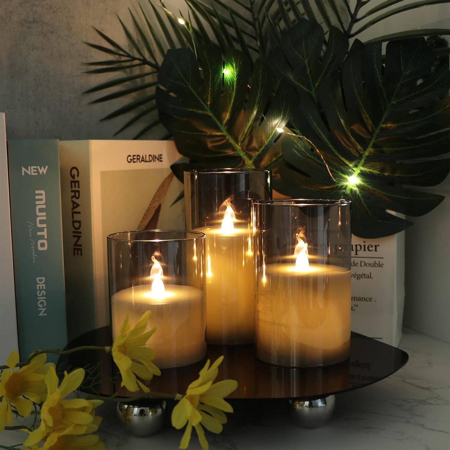 GenSwin Gray Glass Battery Operated Flameless Led Candles with 10-Key Remote and Timer, Real Wax Candles Warm White Flickering Light for Home Decoration