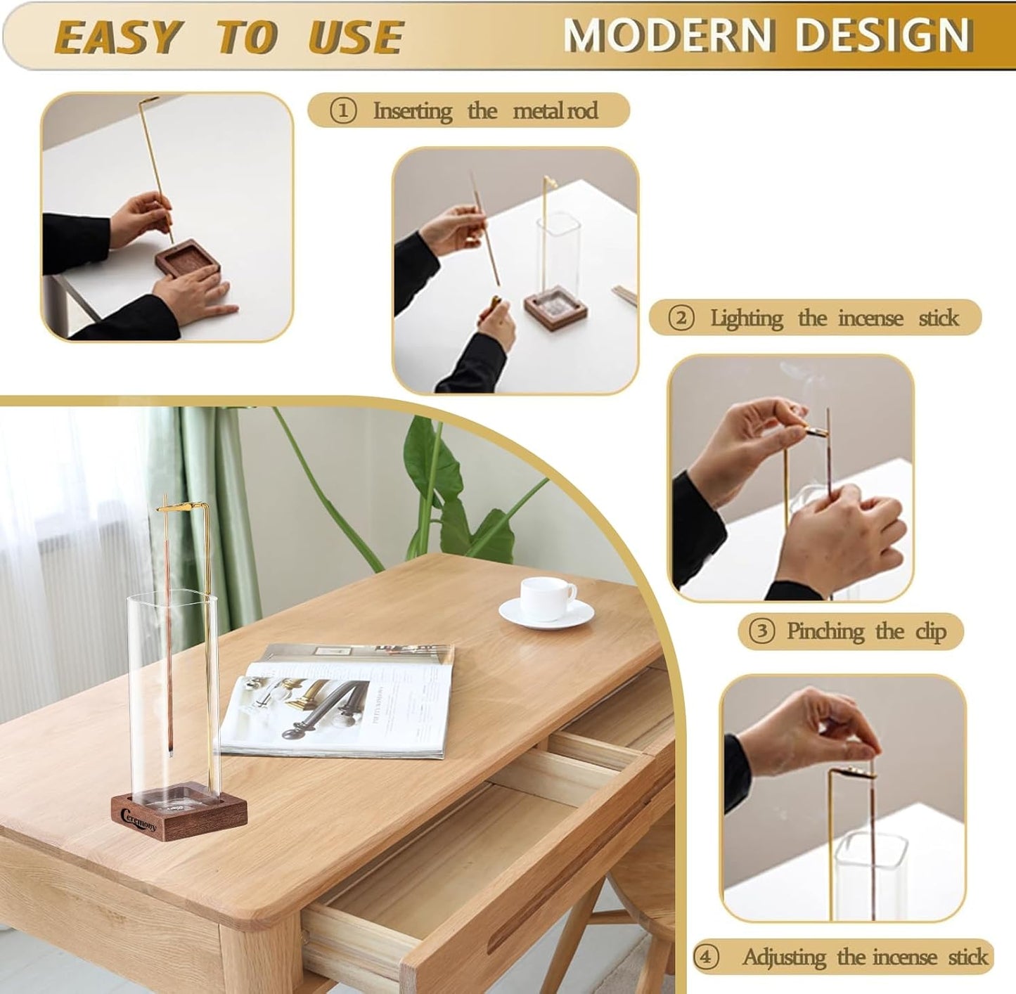 Incense Holder, Wooden Incense Holder for Sticks with Glass Ash Catcher, Anti-ash Incense Burner with 20 Incense Sticks and a Ash Brush for Meditation Yoga Spa Room Decor