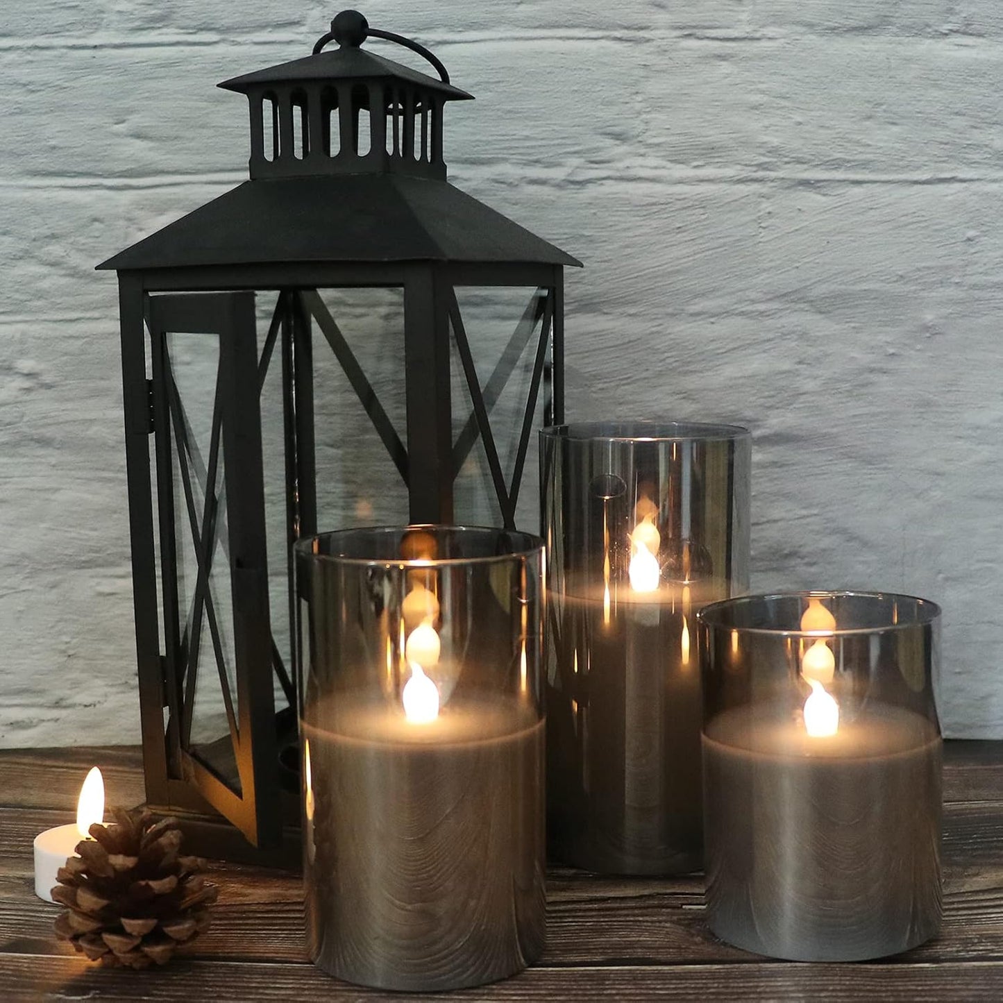 GenSwin Gray Glass Battery Operated Flameless Led Candles with 10-Key Remote and Timer, Real Wax Candles Warm White Flickering Light for Home Decoration