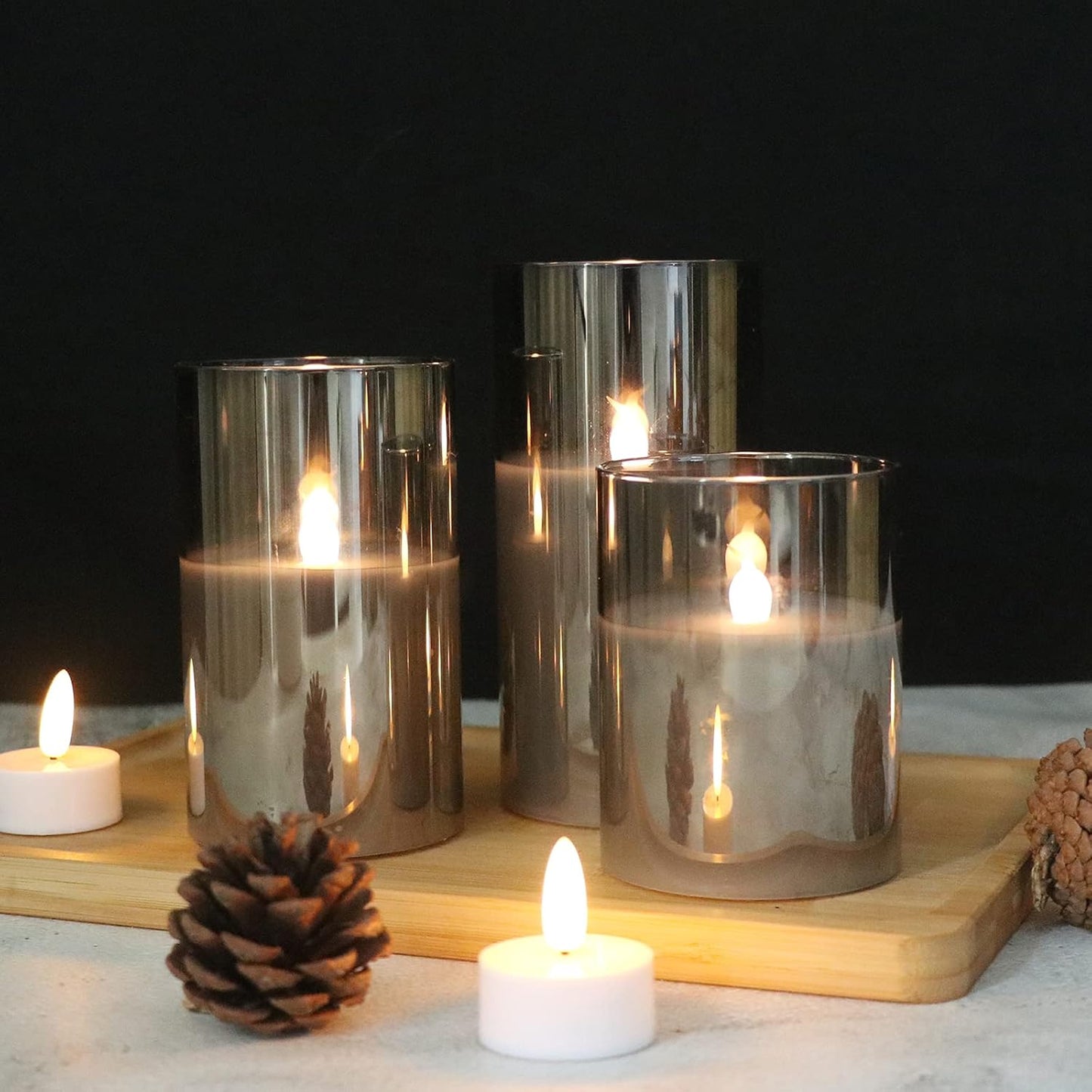 GenSwin Gray Glass Battery Operated Flameless Led Candles with 10-Key Remote and Timer, Real Wax Candles Warm White Flickering Light for Home Decoration
