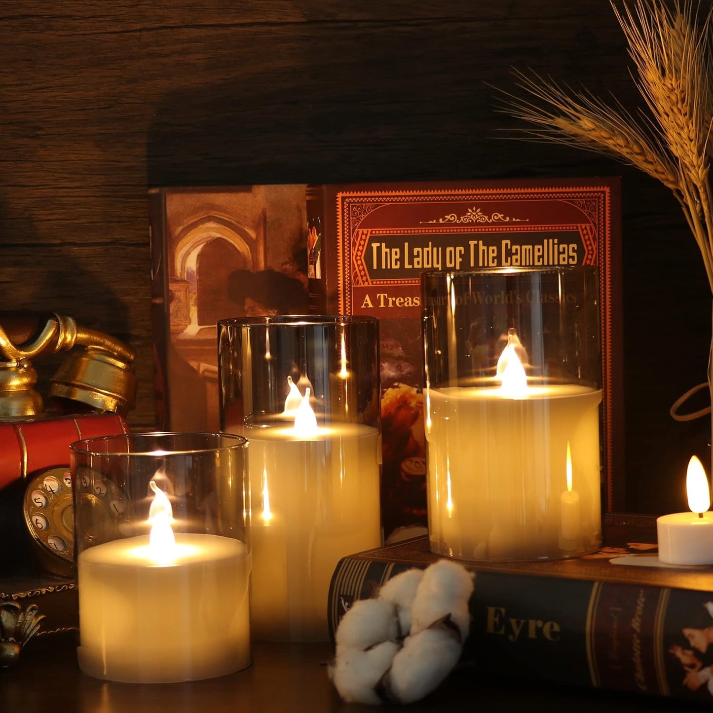 GenSwin Gray Glass Battery Operated Flameless Led Candles with 10-Key Remote and Timer, Real Wax Candles Warm White Flickering Light for Home Decoration